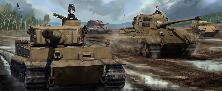 2girls absurdres black_headwear black_jacket blonde_hair blue_eyes brown_eyes brown_hair cannon caterpillar_tracks cloud cloudy_sky cross day dress_shirt emblem forest garrison_cap girls_und_panzer gun hat highres iron_cross itsumi_erika jacket kk90 kuromorimine_(emblem) kuromorimine_military_uniform long_hair long_sleeves machine_gun military military_hat military_uniform military_vehicle motor_vehicle multiple_girls nature nishizumi_maho outdoors panther_(tank) red_shirt shirt short_hair sky tank tiger_i tiger_ii tree turret weapon wing_collar
