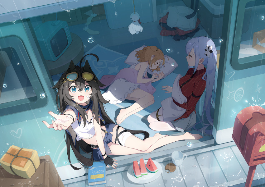 3girls bandaged_leg bandages barefoot black_gloves black_hair blue_capelet blue_eyes blue_shorts braid breasts capelet collared_shirt crop_top cropped_shirt crossed_bangs crown_braid cupping_hand donna_(stella_sora) double-parted_bangs dress fingerless_gloves food freesia_(stella_sora) frilled_dress frills fruit game_cg gloves grey_skirt head_on_pillow highres long_hair long_sleeves lying mailbox_(incoming_mail) medium_breasts medium_hair midriff miniskirt multiple_girls non-web_source official_art on_floor on_side open_door orange_hair outstretched_arm package pantyhose pillow pinstripe_pattern pinstripe_shirt plate pleated_skirt post_haste_(stella_sora) rain red_shirt shirt short_shorts shorts side_braid skirt sleeping sleeveless sleeveless_dress sliding_doors small_breasts stella_sora teresa_(stella_sora) very_long_hair water watermelon watermelon_slice white_dress white_pantyhose white_shirt