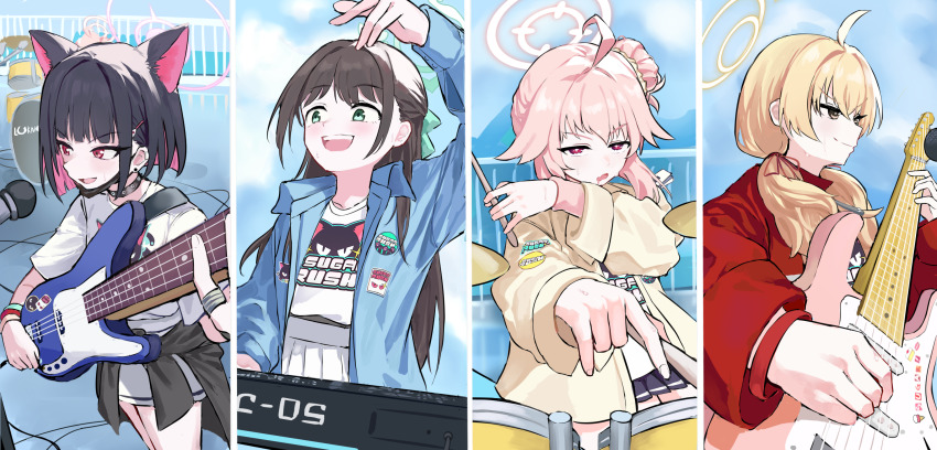 4girls ahoge airi_(band)_(blue_archive) airi_(blue_archive) animal_ears bass_guitar black_hair black_jacket black_mask blonde_hair blue_archive blue_jacket blue_sky brown_hair cat_ears clothes_around_waist cloud colored_inner_hair commentary_request drum extra_ears green_eyes halo highres holding holding_instrument instrument jacket jacket_around_waist kazusa_(band)_(blue_archive) kazusa_(blue_archive) long_hair long_sleeves low_twintails mask mask_around_neck microphone mouth_mask multicolored_hair multiple_girls music natsu_(band)_(blue_archive) natsu_(blue_archive) open_clothes open_jacket open_mouth organ_(instrument) outdoors pink_eyes pink_hair pink_halo playing_instrument pleated_skirt red_jacket remise shirt short_hair short_sleeves skirt sky smile sweat twintails white_shirt white_skirt yellow_jacket yoshimi_(band)_(blue_archive) yoshimi_(blue_archive)