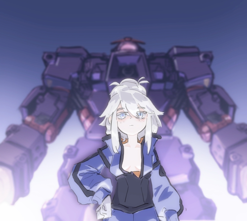 1girl blue_background blue_eyes breasts cleavage closed_mouth colored_eyelashes commentary_request deux_murasame dr.luomanni freckles gradient_background gundam gundam_gquuuuuux hair_bun hand_on_own_hip highres mecha mecha_pilot_suit medium_hair messy_hair normal_suit_(gundam) psycho_gundam robot science_fiction single_hair_bun small_breasts solo white_hair