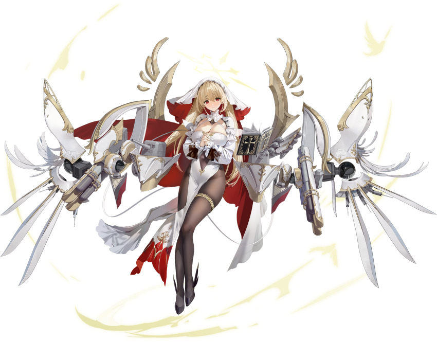 1girl azur_lane black_footwear black_pantyhose blonde_hair book breasts cleavage closed_mouth dress full_body halo high_heels highres kersaint_(azur_lane) large_breasts long_hair long_sleeves looking_at_viewer mimoza_(96mimo414) no_panties official_art own_hands_clasped own_hands_together pantyhose pelvic_curtain red_eyes rigging solo thigh_strap thighs torpedo_tubes two-sided_fabric veil vichya_dominion_(emblem) white_dress