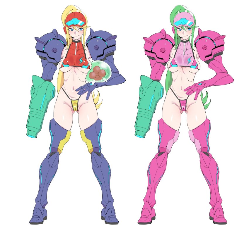 1girl alternate_costume armor bikini blonde_hair blush breasts cameltoe female_focus female_pubic_hair full_body highres metroid navel nintendo ponytail pubic_hair samus_aran sideboob simple_background smile solo standing string_bikini super_smash_bros. swimsuit underboob white_background xxzero