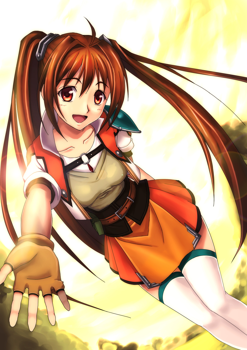 1girl absurdres ahoge armor blush brown_gloves brown_hair chinese_commentary commentary_request dutch_angle eiyuu_densetsu estelle_bright feet_out_of_frame fingerless_gloves gloves grey_vest hair_intakes highres long_hair looking_at_viewer open_clothes open_mouth open_vest orange_eyes orange_skirt orange_vest pauldrons shirt short_sleeves shoulder_armor single_pauldron skirt smile solo sora_no_kiseki thighhighs vest white_shirt white_thighhighs yellow_background zhou_siwei