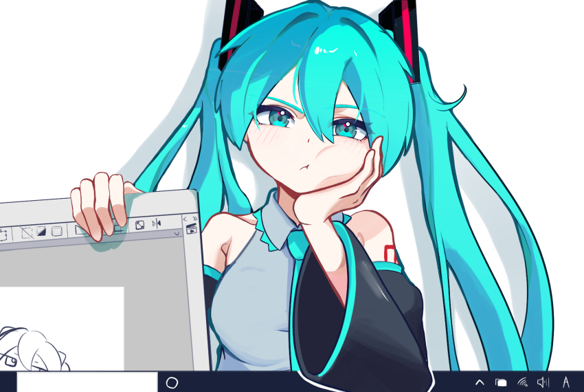 2girls :t aqua_eyes aqua_hair aqua_necktie aqua_trim bare_shoulders black_sleeves blush bored breasts chibi chibi_inset commentary_request detached_sleeves double-parted_bangs drawing_(object) grey_shirt hair_between_eyes hand_on_own_cheek hand_on_own_face hatsune_miku head_rest highres holding holding_drawing looking_at_viewer medium_breasts multiple_girls necktie number_tattoo out_of_frame sacrai shirt simple_background straight-on taskbar tattoo twintails user_interface vocaloid white_background