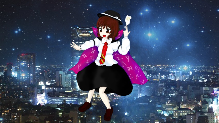 1girl ayashii_(feba) bad_id bad_pixiv_id brown_hair cape clothes_writing cosplay glasses hat highres multiple_girls parody pentagram runes style_parody touhou urban_legend_in_limbo usami_renko usami_sumireko usami_sumireko_(cosplay) zun_(style)