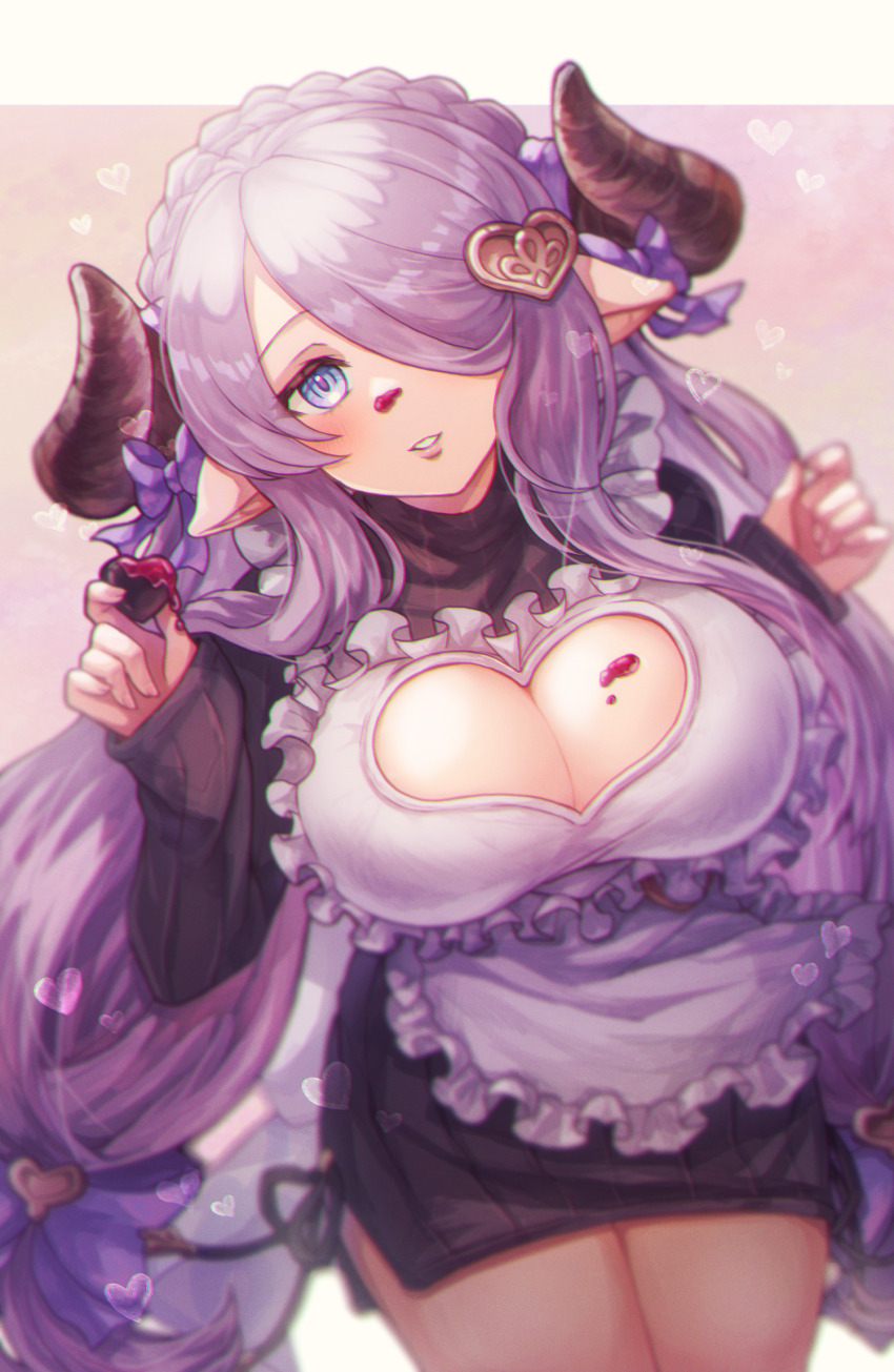 1girl apron blue_eyes blush breasts candy chocolate chocolate_heart cleavage cleavage_cutout clothing_cutout draph food granblue_fantasy hair_ornament hair_over_one_eye hair_ribbon heart heart-shaped_food highres holding holding_chocolate holding_food horns icing icing_on_body icing_on_face large_breasts long_hair looking_at_viewer narmaya_(granblue_fantasy) narmaya_(valentine)_(granblue_fantasy) official_alternate_costume purple_hair ribbon solo sweater warrose