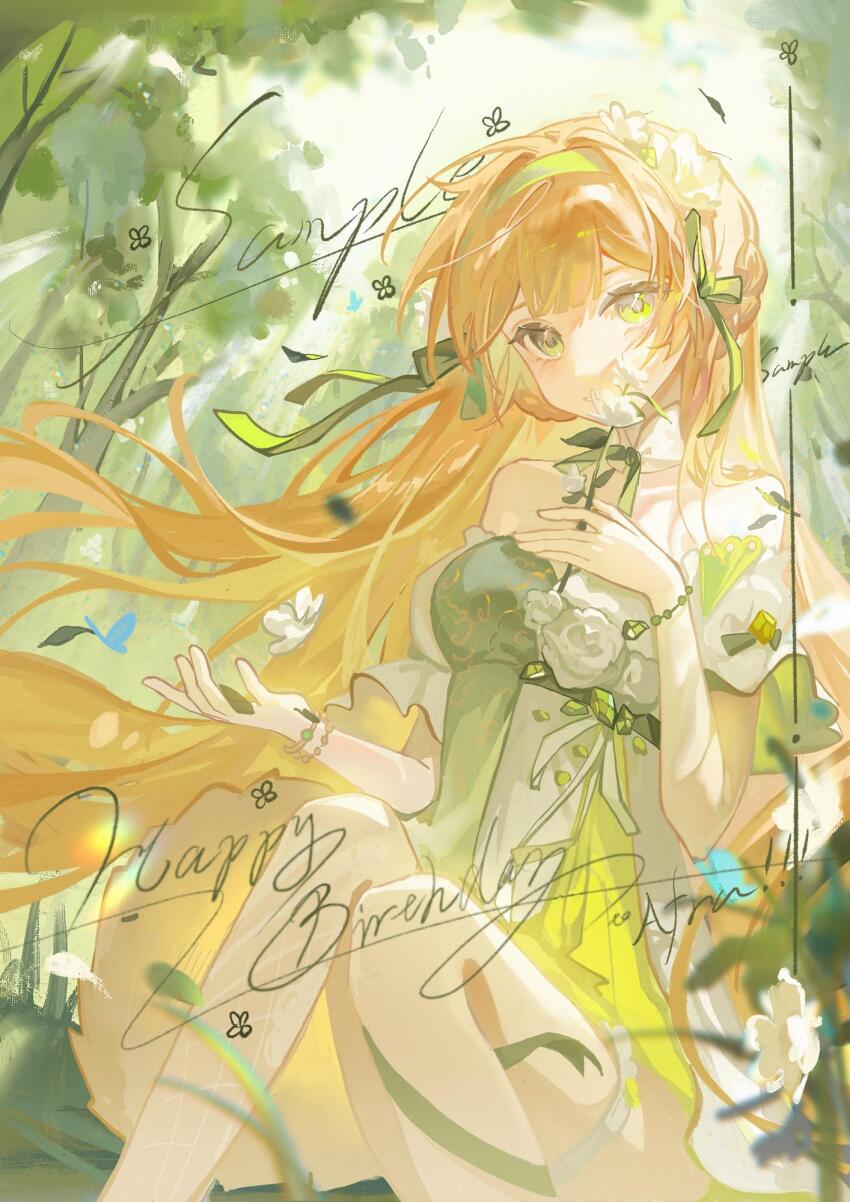 1girl bare_shoulders bead_bracelet beads blinklikeer blonde_hair blue_butterfly blunt_bangs bow bracelet braid bug bush butterfly closed_mouth day detached_sleeves dress eyelashes falling_leaves feet_out_of_frame floating_clothes floating_hair flower forest green_bow green_dress green_eyes green_hairband green_ribbon hair_bow hair_flower hair_intakes hair_ornament hairband half_up_half_down_braid highres holding holding_flower insect jewelry leaf leg_ribbon long_hair multiple_bracelets nature original outdoors outstretched_hand puffy_short_sleeves puffy_sleeves ribbon sample_watermark short_dress short_sleeves smile solo strapless strapless_dress thigh_strap very_long_hair watermark white_flower white_sleeves wind wings