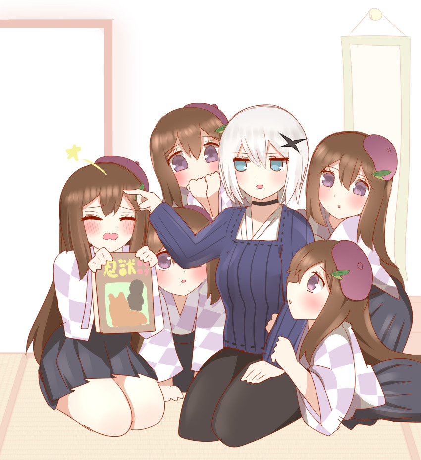 6+girls :o absurdres beret black_choker black_pants black_skirt blue_eyes blue_shirt blush brown_hair checkered_clothes checkered_kimono choker clone closed_eyes flick forehead_flick grey_hair hair_between_eyes hands_up hat highres japanese_clothes kimono long_hair looking_at_another looking_to_the_side multiple_girls no_shoes non_(wednesday-classic) on_floor open_mouth original pants parted_lips pleated_skirt purple_eyes purple_hat ribbed_shirt seiza shirt sitting skirt socks star_(symbol) tatami tilted_headwear very_long_hair wavy_mouth white_socks