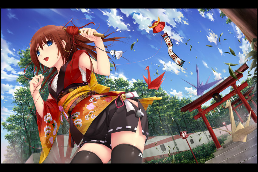 1girl :d bandages black_skirt black_thighhighs blue_eyes brown_hair cloud day female_focus from_below hair_ornament hair_stick holding japanese_clothes kite kopianget letterboxed lolita_fashion long_hair looking_at_viewer open_mouth origami original sarashi skirt sky smile solo stairs straight_hair teruterubouzu thighhighs torii traditional_clothes tree wa_lolita wind zettai_ryouiki