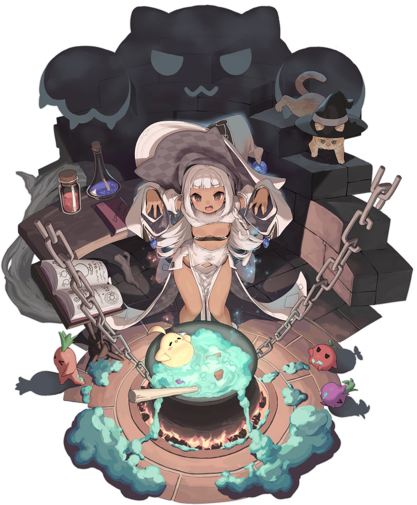 1girl animal azur_lane baby_animal bare_legs bird black_panties blunt_bangs blush book bottle braid breasts brown_eyes candle cat cauldron chain chick cleavage clothing_cutout dark-skinned_female dark_skin detached_sleeves dress fang fire flask from_above green_pupils hands_up hat highres jar large_hat leaning_forward long_dress long_hair long_sleeves looking_at_viewer manjuu_(azur_lane) navel non-web_source nubian_(azur_lane) nubian_(normal_potion_maker)_(azur_lane) official_alternate_costume official_art open_book open_mouth outstretched_arms panties pelvic_curtain potion promotional_art pumpkin revealing_clothes robe side_slit skin_fang small_breasts smile solo sparkle standing table underwear vial white_dress white_hair white_hat white_sleeves wide_sleeves witch witch_hat