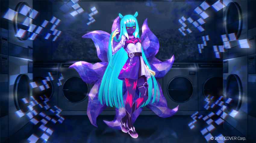 1girl ahri_(league_of_legends) ahri_(league_of_legends)_(cosplay) alternate_hair_color asymmetrical_gloves black_shoes blood blunt_bangs breasts cosplay elbow_gloves fox_tail gloves glowing glowing_clothes glowing_hair green_hair highres hololive hololive_english indoors k/da_(league_of_legends) k/da_ahri long_hair looking_at_viewer multiple_tails ninomae_ina&#039;nis orange_hair pink_blood pointy_ears purple_hair purple_skirt re_(re_09) shoes sidelocks single_elbow_glove skirt small_breasts solo standing tail teeth tentacle_hair ultraviolet_light virtual_youtuber washing_machine yellow_eyes