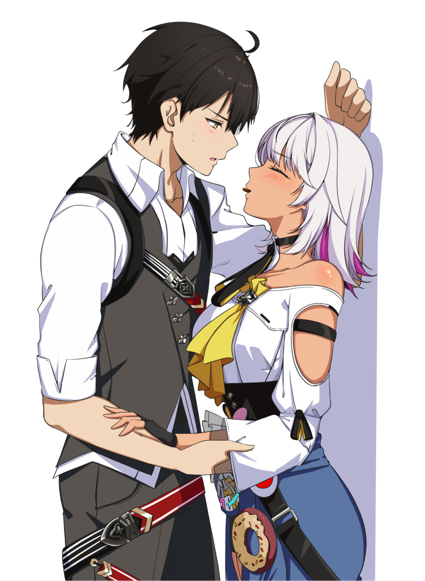 1boy 1girl adam_(honkai_impact) black_gloves black_pants black_vest blue_jacket blush bob_cut brown_hair carole_peppers chocolate closed_mouth clothes_around_waist dark-skinned_female dark_skin fingerless_gloves gloves highres honkai_(series) honkai_impact_3rd in_mouth jacket jacket_around_waist lion_space open_mouth pants shirt short_hair short_sleeves valentine vest white_background white_hair white_shirt