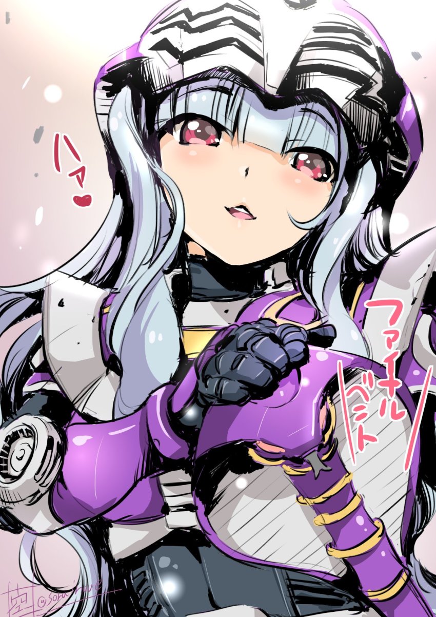 1girl blush cosplay female_focus helmet highres idolmaster idolmaster_(classic) inoue_sora kamen_rider kamen_rider_ouja kamen_rider_ouja_(cosplay) kamen_rider_ryuki_(series) long_hair open_mouth red_eyes shijou_takane silver_hair solo twitter_username