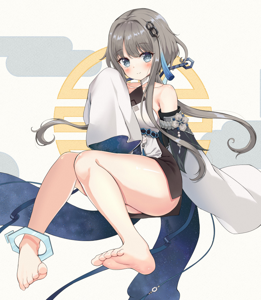 1girl absurdres bare_shoulders barefoot blue_eyes blush breasts closed_mouth deerwater detached_sleeves dress genshin_impact grey_hair guizhong_(genshin_impact) hair_ornament highres long_hair long_sleeves looking_at_viewer multicolored_hair presenting short_hair_with_long_locks sleeves_past_fingers sleeves_past_wrists smile solo tassel tassel_hair_ornament toes white_dress wide_sleeves