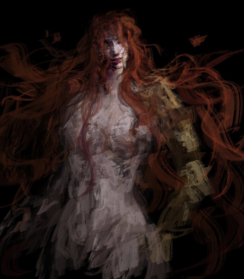 1girl absurdres all_lee24 armor black_background elden_ring gold_armor hair_over_eyes highres long_hair malenia_blade_of_miquella malenia_goddess_of_rot prosthesis prosthetic_arm red_hair simple_background solo upper_body very_long_hair