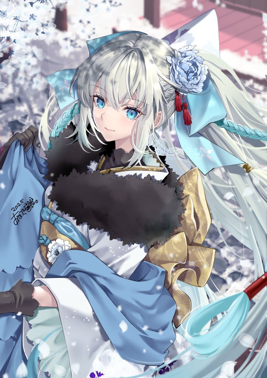 1girl akatsuki_hijiri black_bow blue_eyes bow braid breasts fate/grand_order fate_(series) grey_hair hair_bow highres japanese_clothes kimono large_breasts long_hair long_sleeves looking_at_viewer morgan_le_fay_(fate) obi ponytail sash sidelocks smile solo very_long_hair white_kimono wide_sleeves