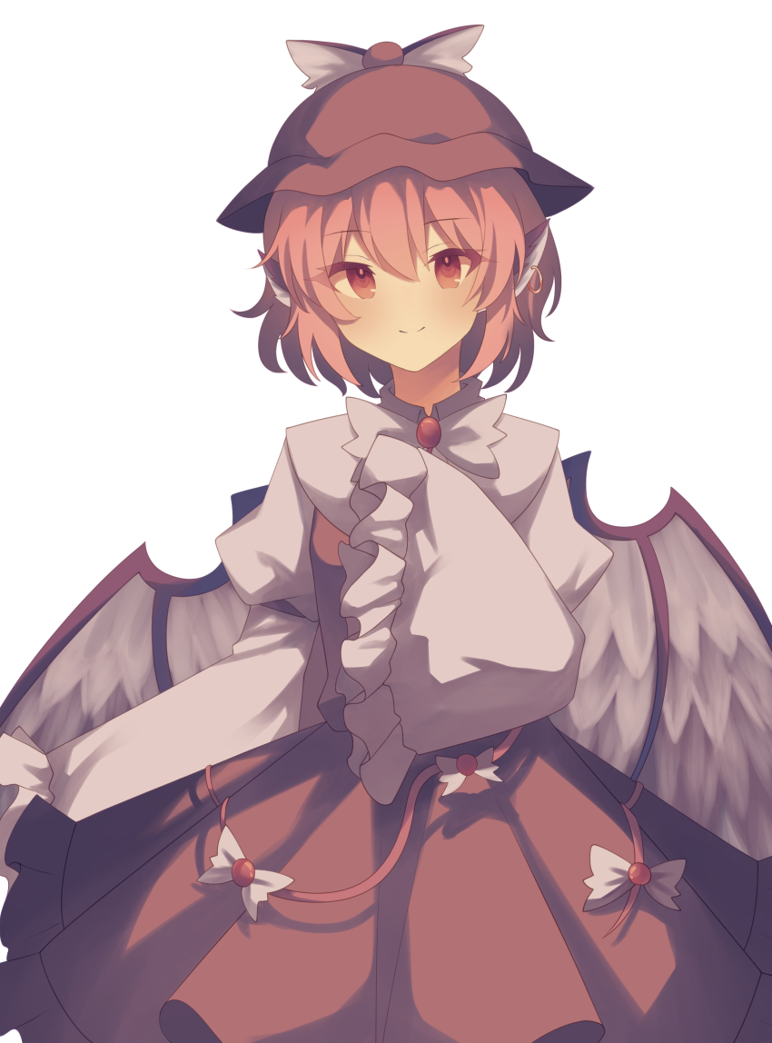 1girl absurdres animal_earrings bird_girl bird_wings blush brown_dress brown_hat commentary dress feathered_wings frilled_sleeves frills hat highres long_sleeves looking_at_viewer mystia_lorelei pink_hair red_eyes shirt short_hair smile solo touhou utsuro_(kz_hokuto) white_shirt wide_sleeves wing_ears wings