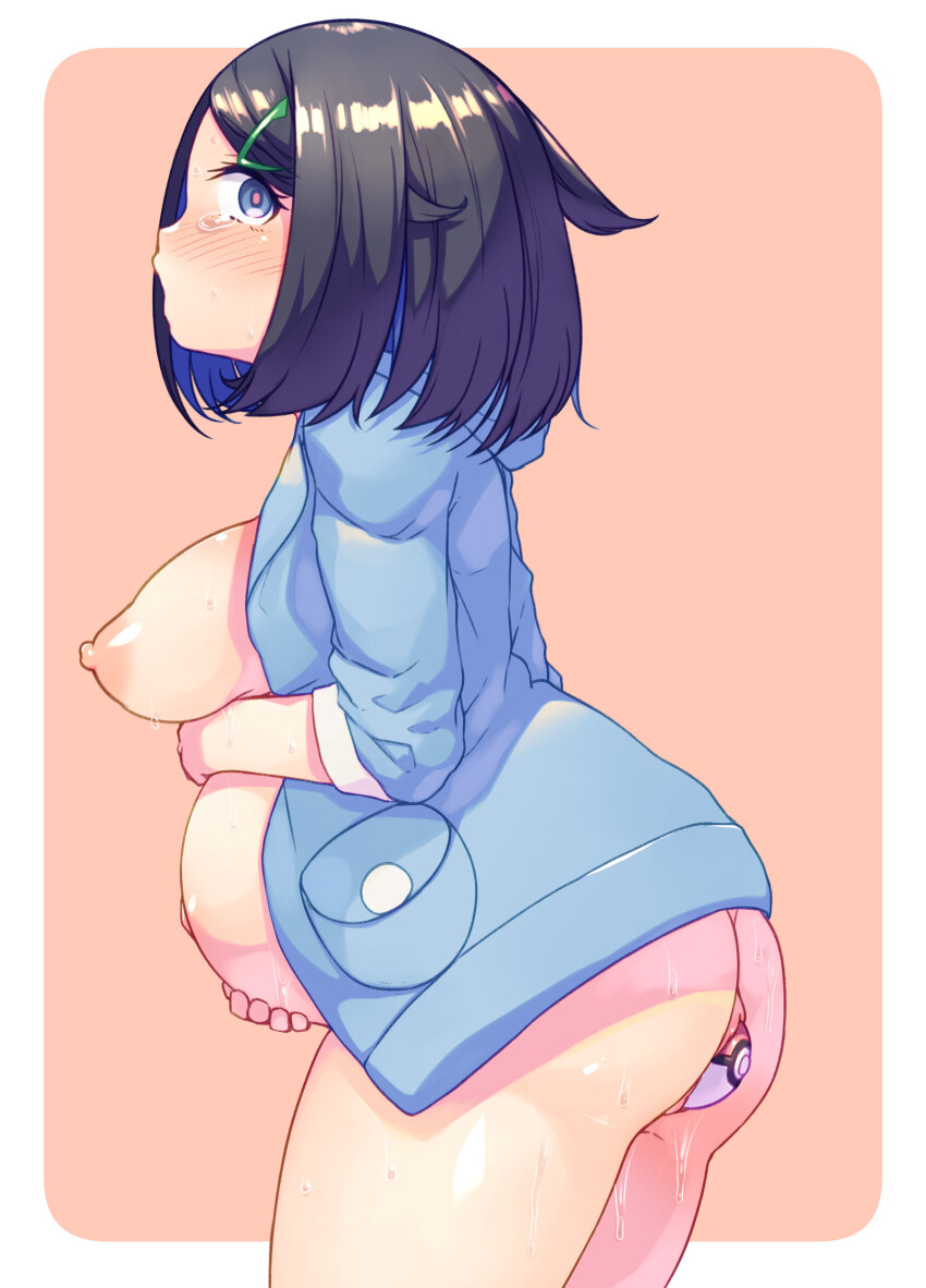 1girl absurdres ass big_belly black_hair blue_cardigan blue_eyes blush bottomless breasts cardigan cowboy_shot from_side hair_ornament hairclip hands_on_own_stomach highres hood hood_down inflation large_breasts liko_(pokemon) nintendo nipples object_insertion open_cardigan open_clothes plump poke_ball poke_ball_insertion pokemon pokemon_(anime) pokemon_horizons short_hair solo sweat tearing_up thick_thighs thighs uchihigashi_gura vaginal vaginal_object_insertion