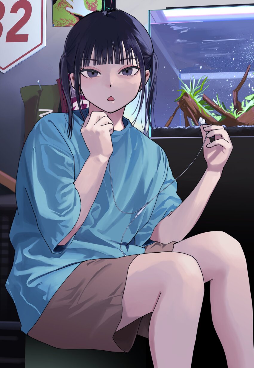1girl absurdres black_eyes black_hair blue_shirt blunt_bangs brown_shorts earphones earphones_removed fishbowl highres holding holding_earphones indoors looking_at_viewer medium_hair mmmo3 open_mouth original shirt shorts sitting solo t-shirt tsurime twintails water