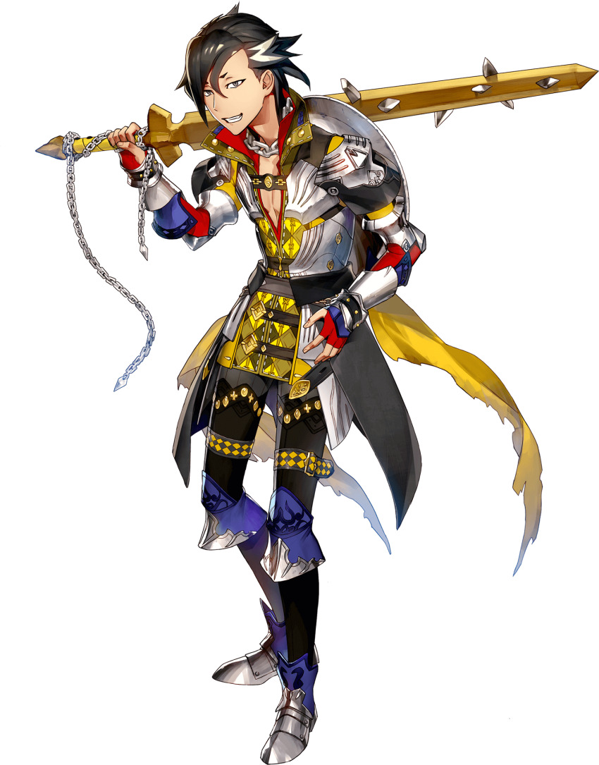 1boy armor armored_boots bishounen black_hair boots breastplate cape chain chain_necklace fate/grand_order fate_(series) faulds full_body game_cg ginka_sima gloves greaves hair_between_eyes highres holding holding_sword holding_weapon jewelry looking_at_viewer male_focus mandricardo_(fate) multicolored_hair necklace non-web_source official_art over_shoulder pants pauldrons shield shirt short_hair shoulder_armor smile solo streaked_hair sword tachi-e transparent_background weapon weapon_over_shoulder white_hair wooden_sword