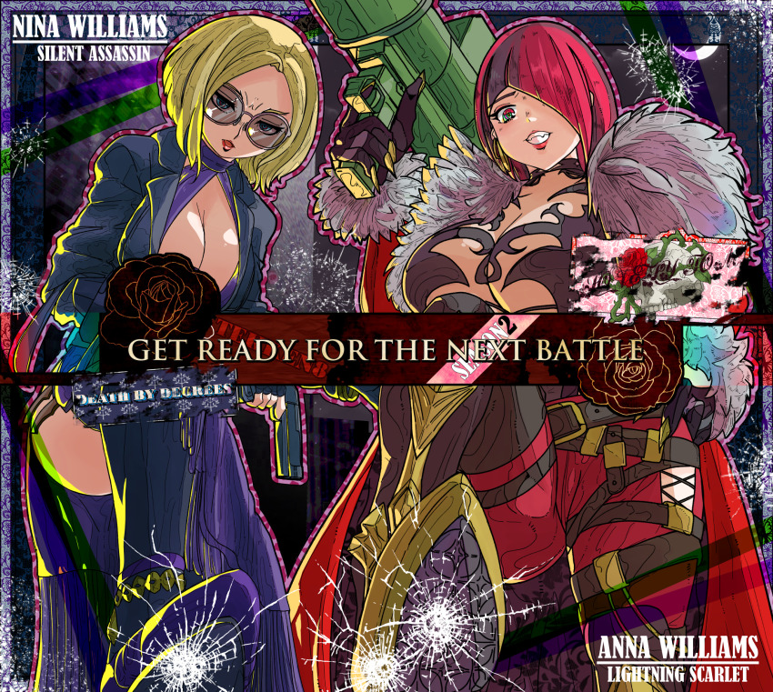 2girls anna_williams belt black_belt black_gloves black_jacket blonde_hair breasts broken_glass brown_hair center_opening character_name cleavage coat commentary crescent_moon death_by_degrees dress english_commentary english_text evil_grin evil_smile flower full_body fur-trimmed_coat fur_trim glass gloves gradient_eyes grin gun hair_over_one_eye highres holding holding_gun holding_rocket_launcher holding_weapon jacket large_breasts looking_down moon multicolored_eyes multicolored_hair multiple_girls nina_williams one_eye_covered open_mouth pants promacia purple_dress red_coat red_hair red_pants rocket_launcher rose short_hair siblings sisters smile stepping sunglasses teeth tekken tekken_8 two-tone_hair weapon