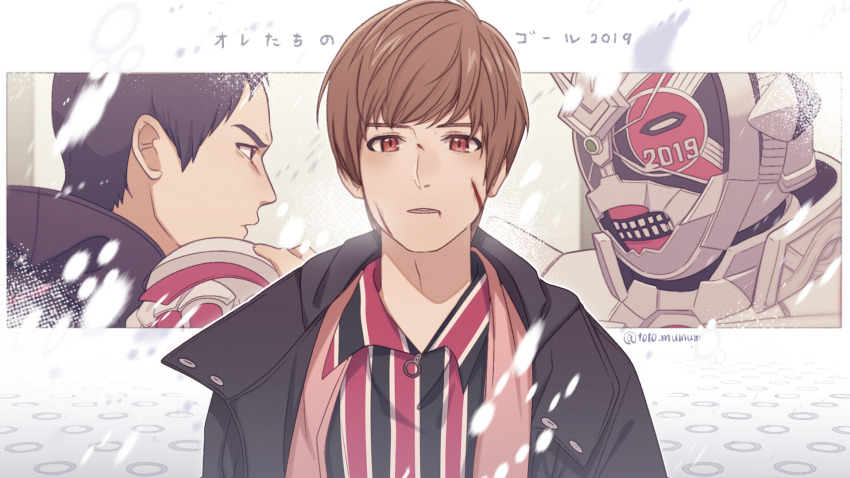 1010_mumumu 2019 3boys another_rider_(zi-o) another_zi-o armor black_gloves black_hair brown_hair brown_pants character_name clenched_teeth clock clock_hands closed_mouth commentary creature gloves highres holding kamen_rider kamen_rider_zi-o_(series) looking_at_viewer male_focus monster multiple_boys myoukouin_geiz pants profile purple_eyes shoes short_hair spoilers teeth tokiwa_sougo upper_body white_armor white_eyes