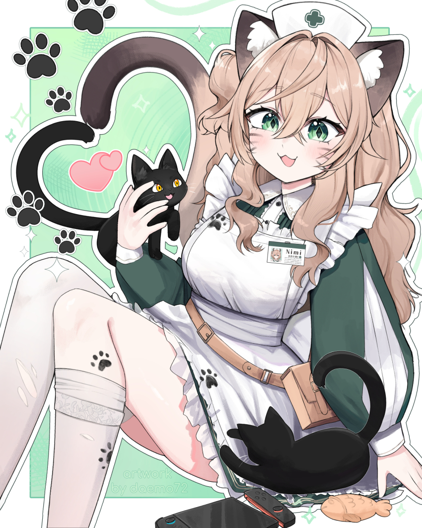 1girl :3 animal_ears apron black_cat blonde_hair cat cat_ears cat_girl cat_tail cat_teaser daemo72 dress green_dress green_eyes hat heart highres indie_virtual_youtuber long_hair nimi_nightmare nintendo_switch nurse_cap open_mouth paw_print single_thighhigh solo tail thighhighs virtual_youtuber white_apron white_thighhighs
