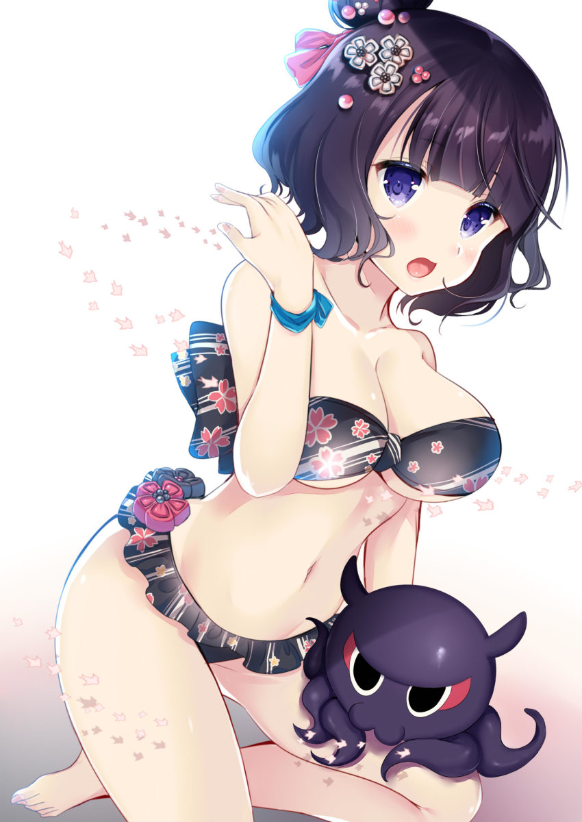 1girl :d animal bare_arms bare_legs bare_shoulders barefoot bikini black_bikini black_bow blush bow breasts cleavage collarbone commentary_request fate/grand_order fate_(series) female_focus fingernails floral_print gradient_background grey_background hair_bun hair_ornament hand_up highres katsushika_hokusai_(fate) katsushika_hokusai_(painting_summer)_(fate) ko_yu large_breasts looking_at_viewer navel octopus official_alternate_costume open_mouth print_bikini purple_eyes purple_hair single_hair_bun smile solo swimsuit toenails white_background
