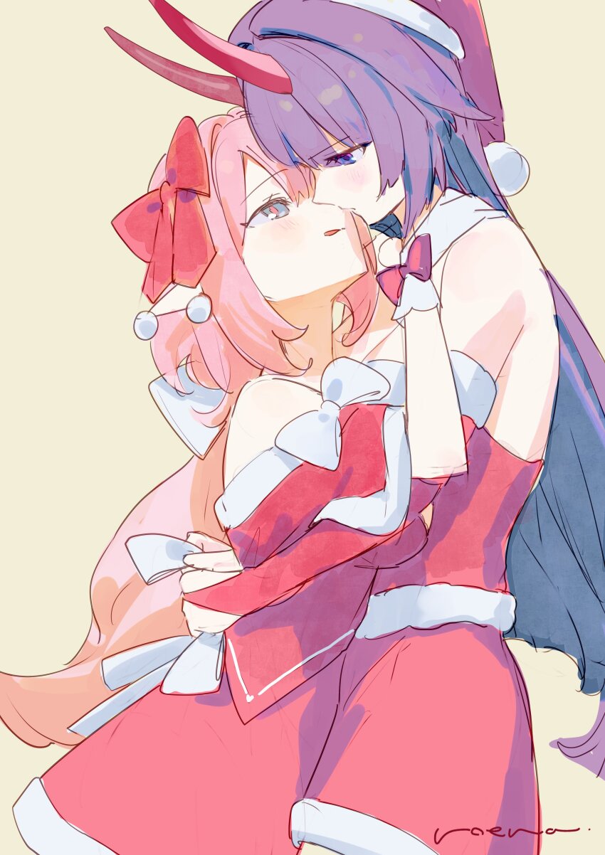 2girls absurdres artist_name bare_shoulders blue_eyes blush couple detached_sleeves dress elf elysia_(honkai_impact) elysia_(miss_pink_elf)_(honkai_impact) gloves hair_ribbon hand_on_another&#039;s_back hand_on_another&#039;s_shoulder hat highres honkai_(series) honkai_impact_3rd horns imminent_kiss long_hair looking_at_another multiple_girls pink_hair pointy_ears purple_eyes purple_hair raiden_mei raiden_mei_(herrscher_of_thunder) red_dress red_horns red_ribbon ribbon roena santa_hat short_sleeves simple_background white_gloves yuri