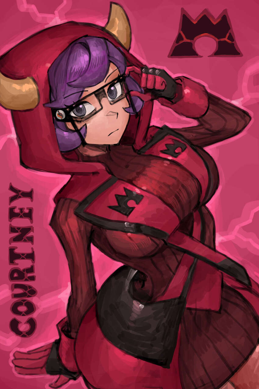 1girl bespectacled breasts character_name closed_mouth commentary courtney_(pokemon) english_commentary eyelashes fake_horns glasses gloves hand_up highres hood hood_up horns large_breasts looking_at_viewer mega_stone nintendo pokemon pokemon_oras purple_eyes purple_hair red_sweater ribbed_sweater saiykik short_hair solo sweater team_magma team_magma_uniform turtleneck turtleneck_sweater