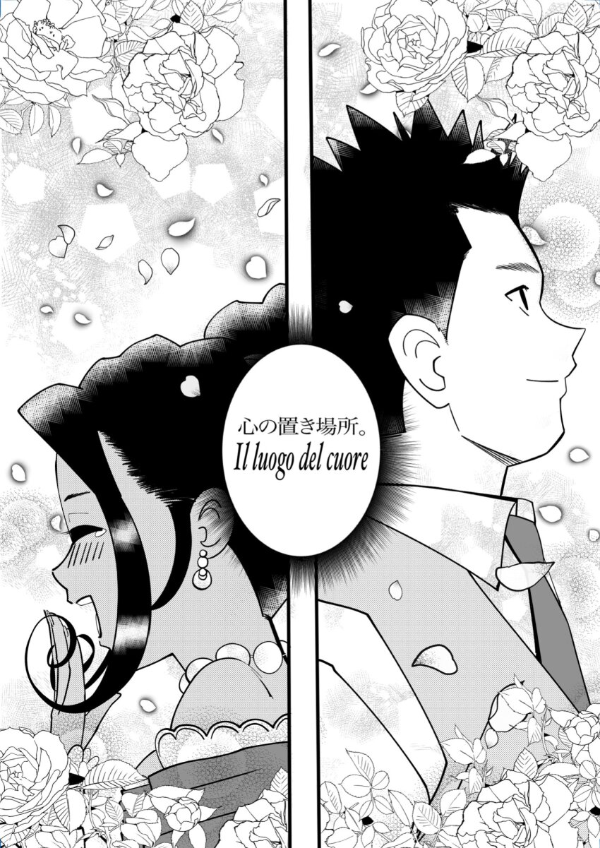 1boy 1girl bare_shoulders black_hair blush breasts closed_eyes dress flower from_side hand_over_mouth happy height_difference highres italian_text japanese_text laughing long_hair medium_breasts monochrome necktie oogami_ichirou pointy_hair ponytail profile rose sakura_taisen sega sideboob smile soletta_orihime tan tears teeth tongue translation_request