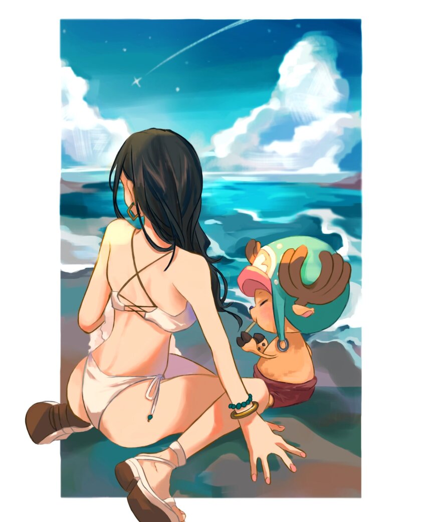1boy 1girl antlers back bikini black_hair bracelet cloud criss-cross_back-straps earrings hat highres horns jewelry long_hair nico_robin ocean one_piece reindeer_antlers sandals shooting_star shorts sinoda_maru7326 sitting sky swimsuit tony_tony_chopper wariza white_bikini