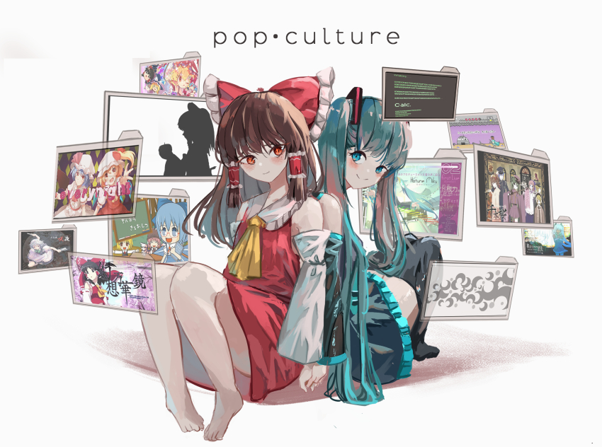 2girls bad_apple!! barefoot black_thighhighs blue_skirt brown_hair calc._(vocaloid) cirno commentary cool&amp;create detached_sleeves english_commentary english_text flandre_scarlet hakurei_reimu hatsune_miku hello_planet_(vocaloid) highres internet_survivor iosys izayoi_sakuya jacket kirisame_marisa melt_(vocaloid) multiple_girls mystia_lorelei red_jacket red_skirt remilia_scarlet rolling_girl_(vocaloid) rumia senbonzakura_(vocaloid) sketch skirt song_request songover the_memories_of_phantasm thighhighs touhou vanilla_flan vocaloid white_background white_sleeves window_(computing)
