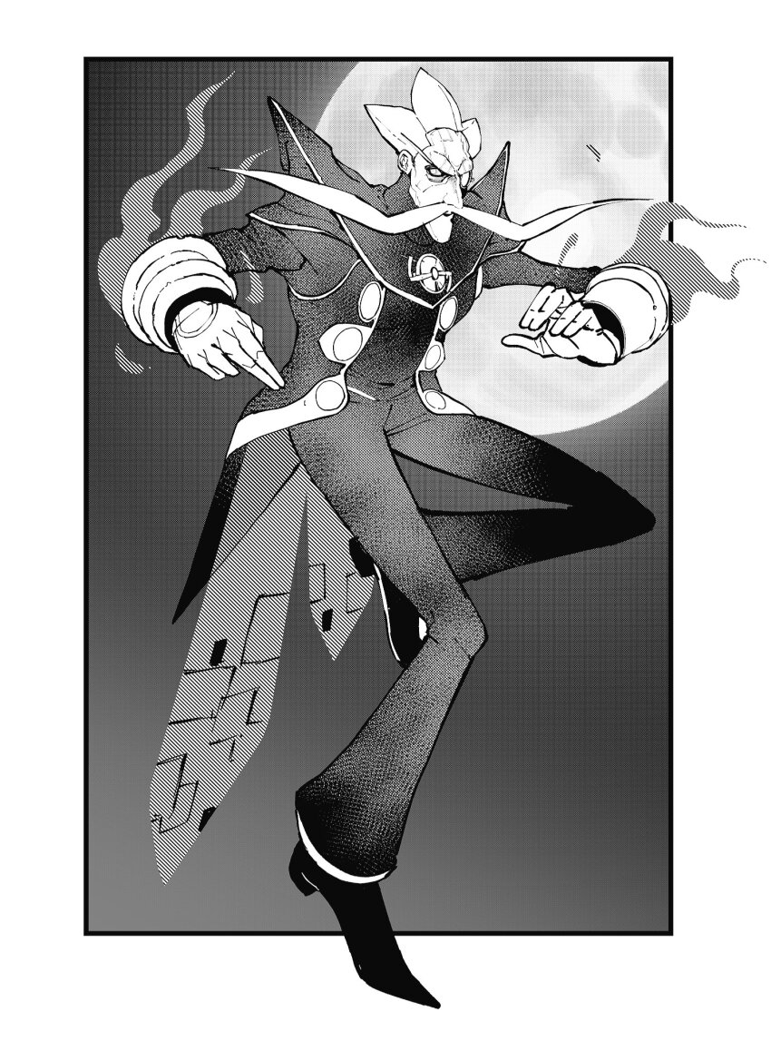 1boy arlon_(kid_icarus) arlon_(kid_icarus) facial_hair full_body gloves greyscale highres kid_icarus kid_icarus_uprising male_focus monochrome monocle moon mustache nikukaiq nintendo solo