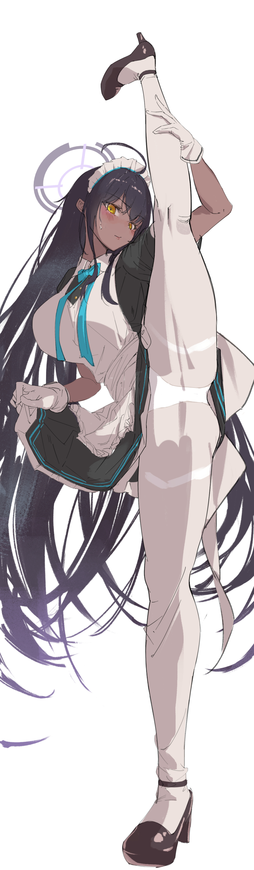 1girl absurdres ahoge apron black_dress black_hair blue_archive blue_bow blue_bowtie blush bow bowtie breasts dark-skinned_female dark_skin dress flexible gloves gradient_hair hair_between_eyes halo high_heels highres holding_own_leg ikinekone karin_(blue_archive) kneepits large_breasts leg_lift leg_up legs long_hair long_legs looking_at_viewer maid maid_apron maid_headdress multicolored_hair panties panties_under_pantyhose pantyhose pumps purple_hair purple_halo skirt_hold solo split standing standing_on_one_leg standing_split sweatdrop thighband_pantyhose thighs underwear unfinished very_long_hair white_apron white_gloves white_pantyhose yellow_eyes