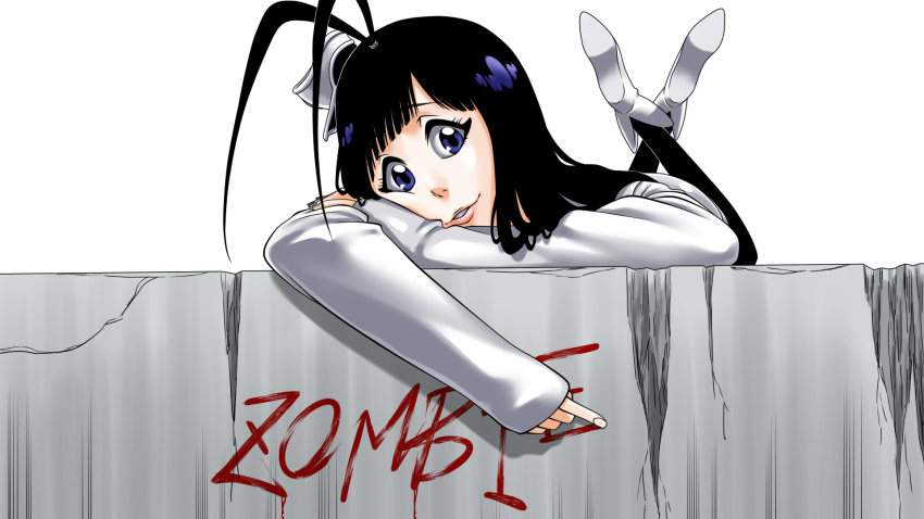 1boy antenna_hair black_hair bleach bleach:_sennen_kessen-hen bleachist blood blood_writing blue_eyes blunt_bangs cheek_press commentary crossed_ankles english_text eyelashes feet_up full_body giselle_gewelle hair_over_shoulder hat head_tilt highres index_finger_raised kubo_tite_(style) long_hair looking_at_viewer lying male_focus military_hat mini_hat official_style on_stomach parted_lips pink_lips quincy_(bleach) simple_background sleeves_past_wrists solo tareme the_pose trap wandenreich white_background white_hat