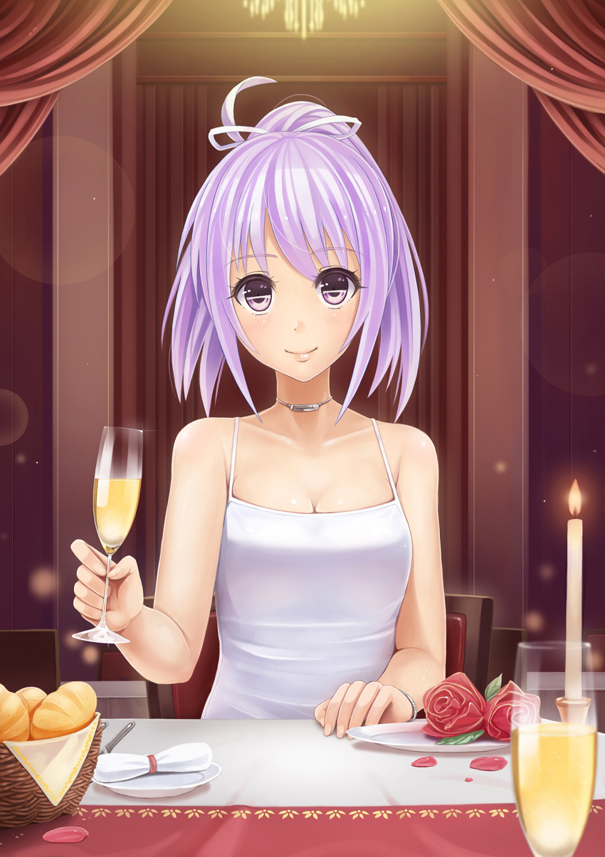 00s 1girl alcohol basket blush bracelet bread breasts candle candlelight chair champagne champagne_flute chandelier cleavage collarbone cup curtains door dress drink drinking_glass female_focus flower food glass hair_ribbon highres holding holding_cup holding_drinking_glass indoors jewelry knife lips looking_at_viewer medium_breasts mimi_(mnemosyne) mnemosyne napkin neck_ring petals pink_hair plate pov pov_across_table pov_dating purple_eyes red_flower red_rose ribbon rose short_hair sitting sleeveless sleeveless_dress smile solo spaghetti_strap sunimu table upper_body wax white_dress white_ribbon