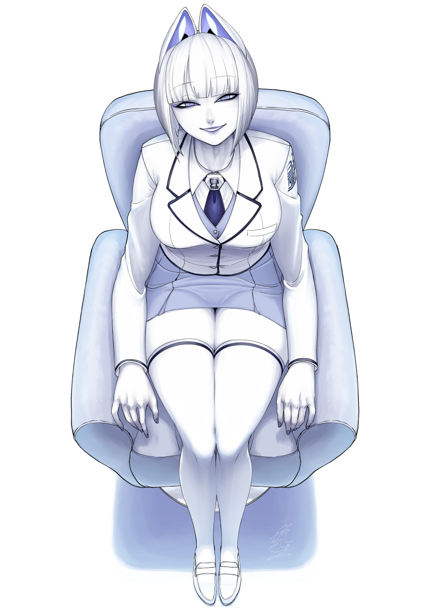 1girl absurdres animal_ears arm_rest armchair blunt_bangs bob_cut breasts byackopath byackopath_(artist) chair collared_shirt colored_skin formal_clothes from_above full_body grey_eyes grey_skirt grey_vest grin half-closed_eyes highres jacket large_breasts loafers long_sleeves looking_at_viewer looking_up miniskirt necktie original purple_necktie shirt shoes short_hair simple_background sitting skirt smile solo suit suit_jacket vest white_background white_hair white_shirt white_shoes white_skin white_suit