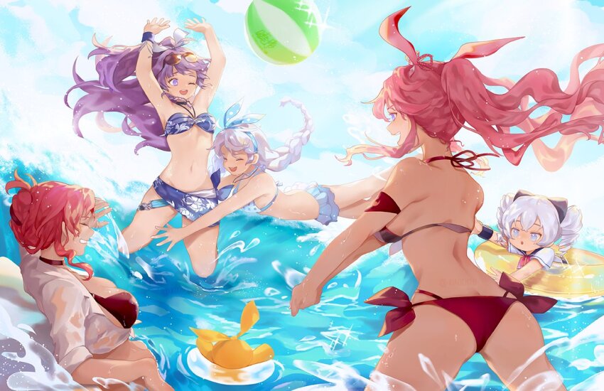 5girls ass ball beachball bikini butt_crack multiple_girls ocean pink_hair swimsuit tagme volleyball_(object) water xiaociiao