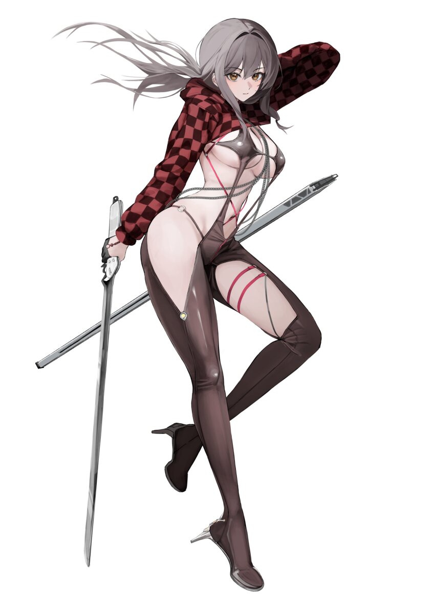1girl absurdres body_chain bodysuit checkered_clothes checkered_shrug clothing_cutout goddess_of_victory:_nikke gunu_(nyzn3223) hair_intakes highres latex latex_bodysuit red_shrug scarlet_(nikke) scarlet_(racer&#039;s_high)_(nikke) shift_up sideless_outfit solo stellar_blade thigh_cutout