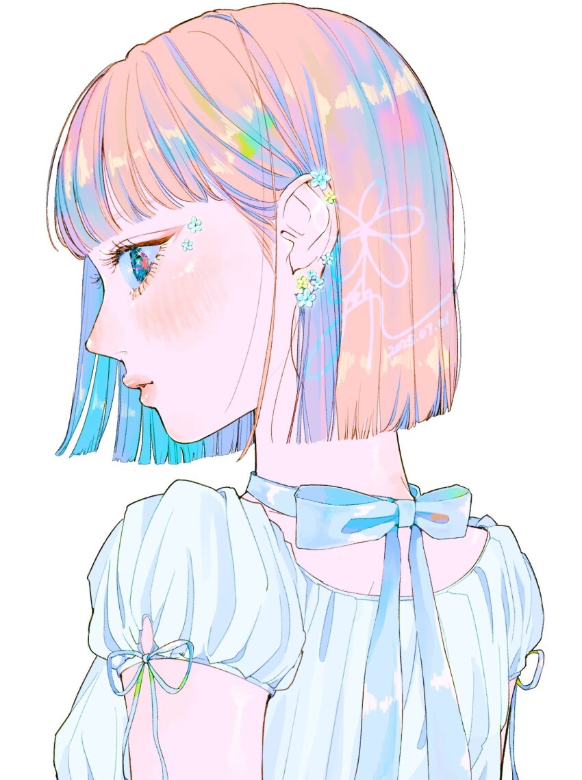 1girl 2025 blonde_hair blue_eyes blue_ribbon closed_mouth dress earrings flower_earrings highres jewelry looking_to_the_side original ribbon signature solo standing white_background white_dress yoshino_ganko