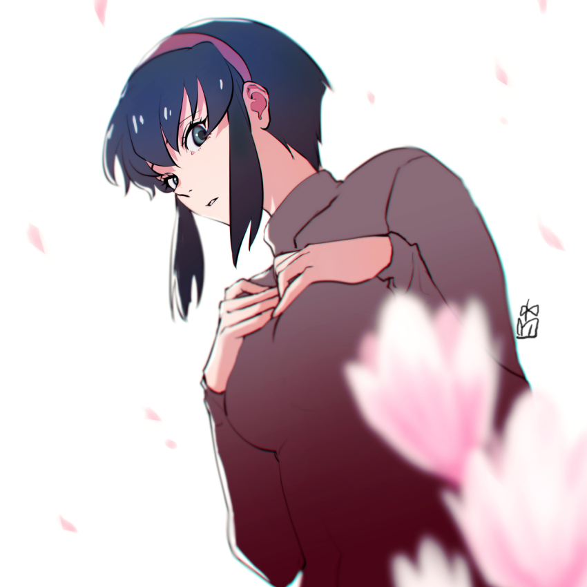 1girl black_hair breasts hair_ornament hairband hands_on_own_chest highres kumashiro_sakuya looking_at_viewer medium_breasts nishioki_tama red_hairband shin_tenchi_muyou! short_hair sidelocks signature simple_background solo tenchi_muyou!