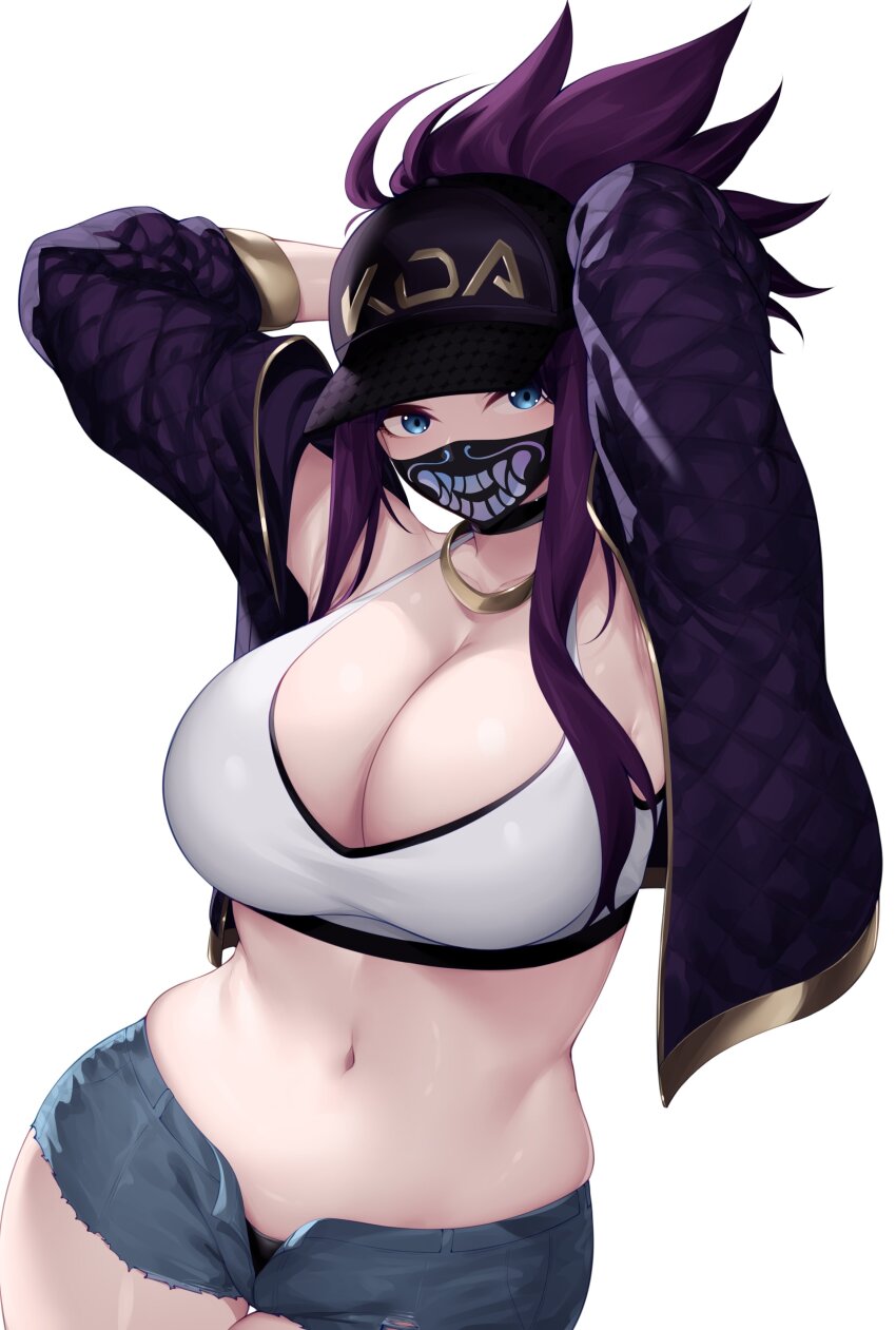 1girl absurdres akali alternate_costume arms_up baseball_cap blue_eyes breasts cleavage commission cropped_jacket denim denim_shorts gold_trim hair_through_headwear hat highres jacket k/da_(league_of_legends) k/da_akali league_of_legends mask midriff mouth_mask nanatsuichi navel panties pants ponytail print_mask purple_hair purple_jacket shade short_shorts shorts solo sports_bra underwear white_sports_bra