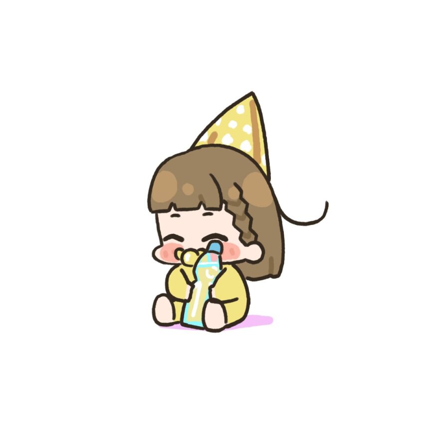 1girl ^_^ aged_down baby blush bottle brown_hair center-flap_bangs closed_eyes commentary_request facing_viewer full_body hat holding holding_bottle kachimachi_kosuzu link!_like!_love_live! love_live! medium_hair mouth_hold onesie pacifier party_hat ramune short_eyebrows side_ahoge simple_background sitting solo sunkeun virtual_youtuber white_background yellow_hat
