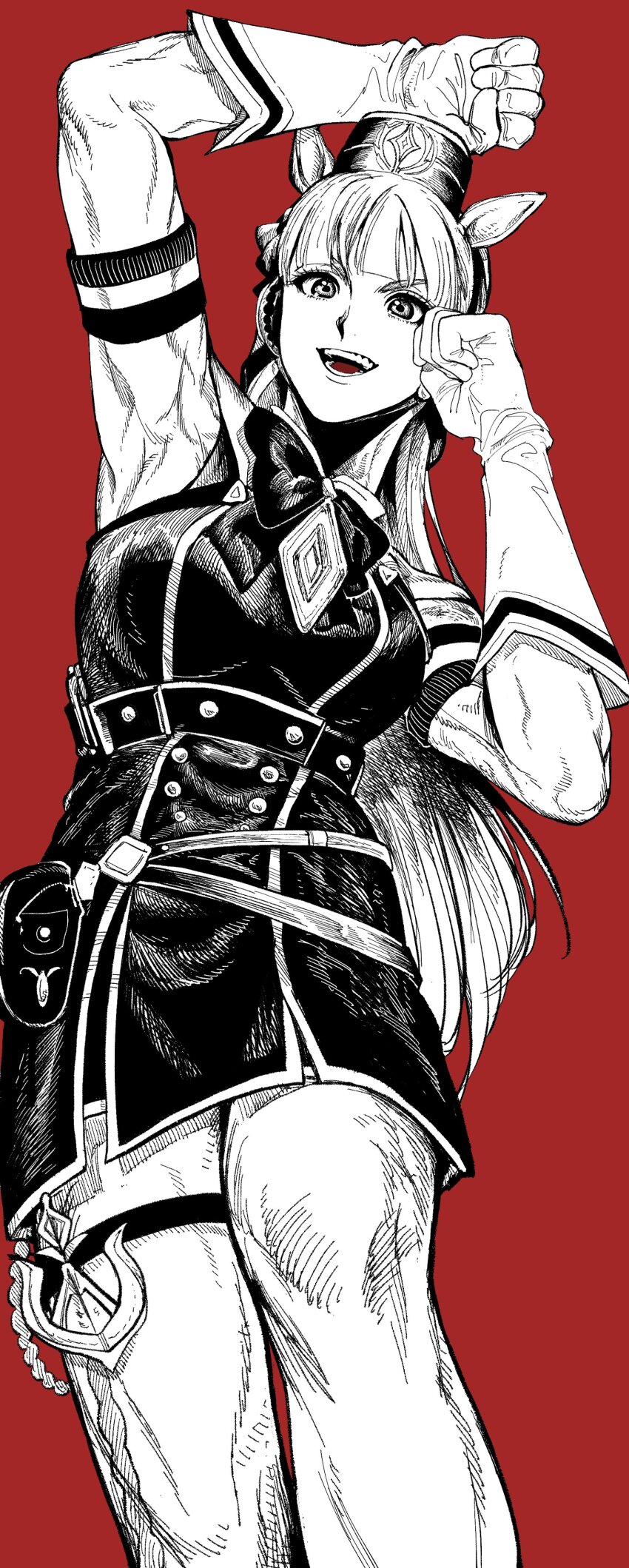 1girl absurdres animal_ears armband blunt_bangs boots bow bowtie breasts clenched_hands dress ear_bow ear_covers fist_pump gloves gold_ship_(umamusume) greyscale_with_colored_background grin highres horse_ears horse_girl knee_boots long_hair medium_breasts my_nameisyoon pantyhose pillbox_hat raised_fist red_background short_dress smile solo thigh_strap thighs toned toned_female umamusume white_gloves white_pantyhose