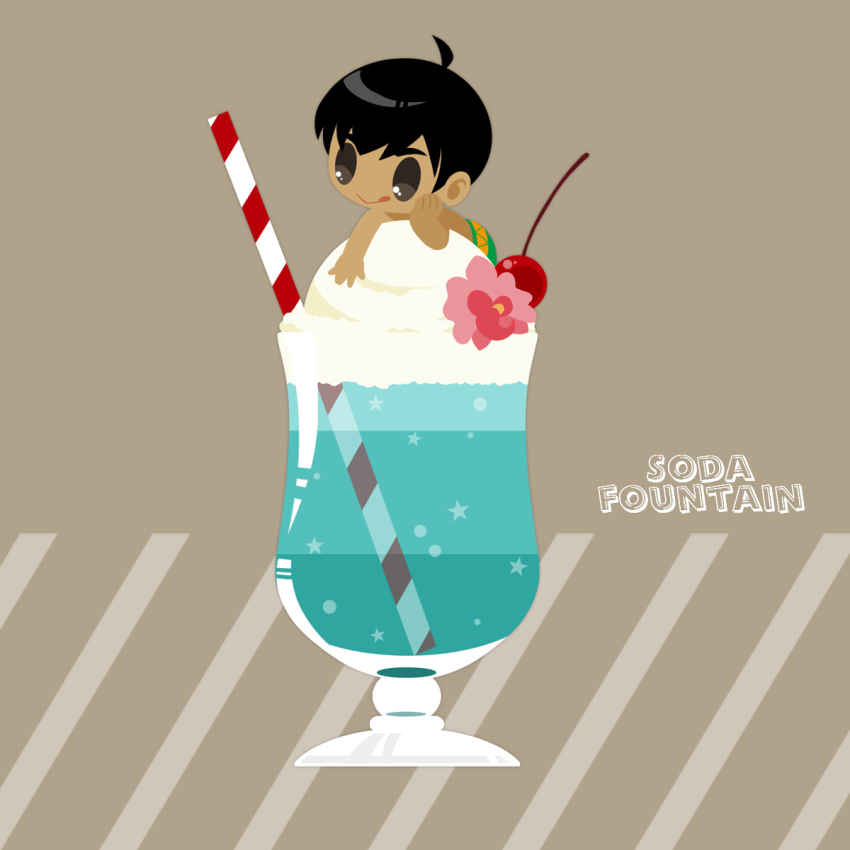 1boy :&gt; :q ahoge black_hair cherry chibi cup dark-skinned_male dark_skin drinking_glass drinking_straw english_text flower food fruit grey_eyes head_rest highres ice_cream ice_cream_float kaorin_minogue male_focus mini_person miniboy phichit_chulanont tongue tongue_out yuri!!!_on_ice