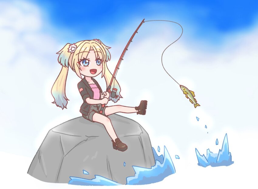 1girl :d black_jacket black_shorts blonde_hair blue_eyes blue_hair blush brown_shoes casual checkered_clothes checkered_shorts commentary fishing fishing_rod flower gradient_hair hair_flower hair_ornament holding holding_fishing_rod jacket leg_up light_blue_hair link!_like!_love_live! long_hair love_live! multicolored_hair official_alternate_costume on_rock open_mouth osawa_rurino osawa_rurino_(summer_casual) parted_bangs pink_flower pink_shirt shiroyama-san shirt shoe_soles shoes shorts sitting smile solo twintails white_background
