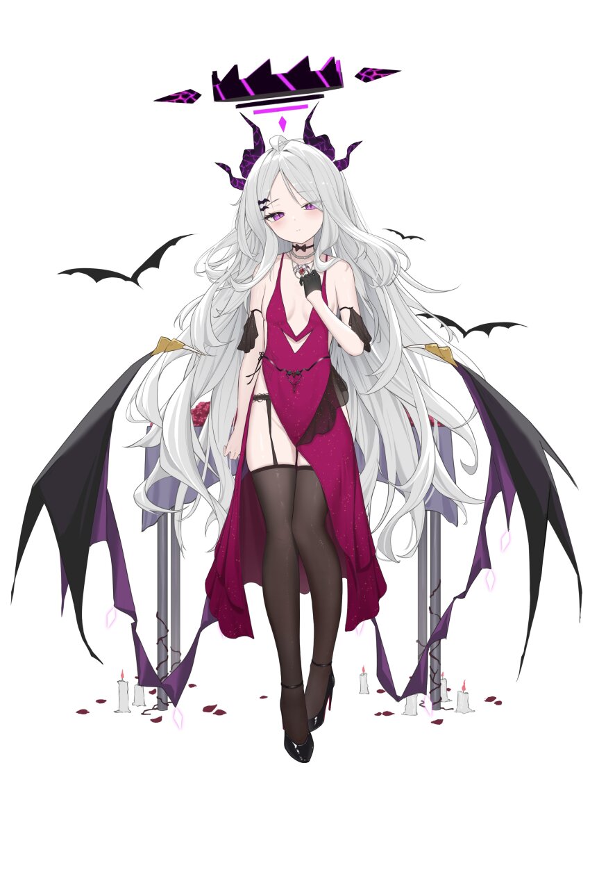 1girl absurdres ahoge alternate_costume black_halo black_thighhighs blue_archive blush breasts candle demon_girl demon_horns demon_wings fangfangtu flower full_body halo highres hina_(blue_archive) horns loli long_hair looking_at_viewer purple_eyes red_flower red_rose rose simple_background small_breasts solo standing thighhighs white_hair wings
