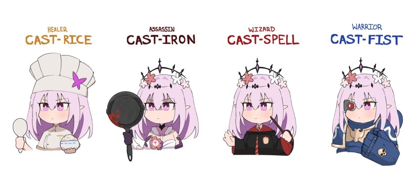 4girls adeptus_astartes armor artificial_eye blood bowl castorice_(honkai:_star_rail) chef_hat commentary english_commentary english_text flower frying_pan hair_flower hair_ornament harry_potter_(series) hat highres holding holding_wand honkai:_star_rail honkai_(series) multiple_girls multiple_persona pianobat power_armor power_fist pun purple_eyes purple_hair rice_bowl wand warhammer_40k wizarding_world