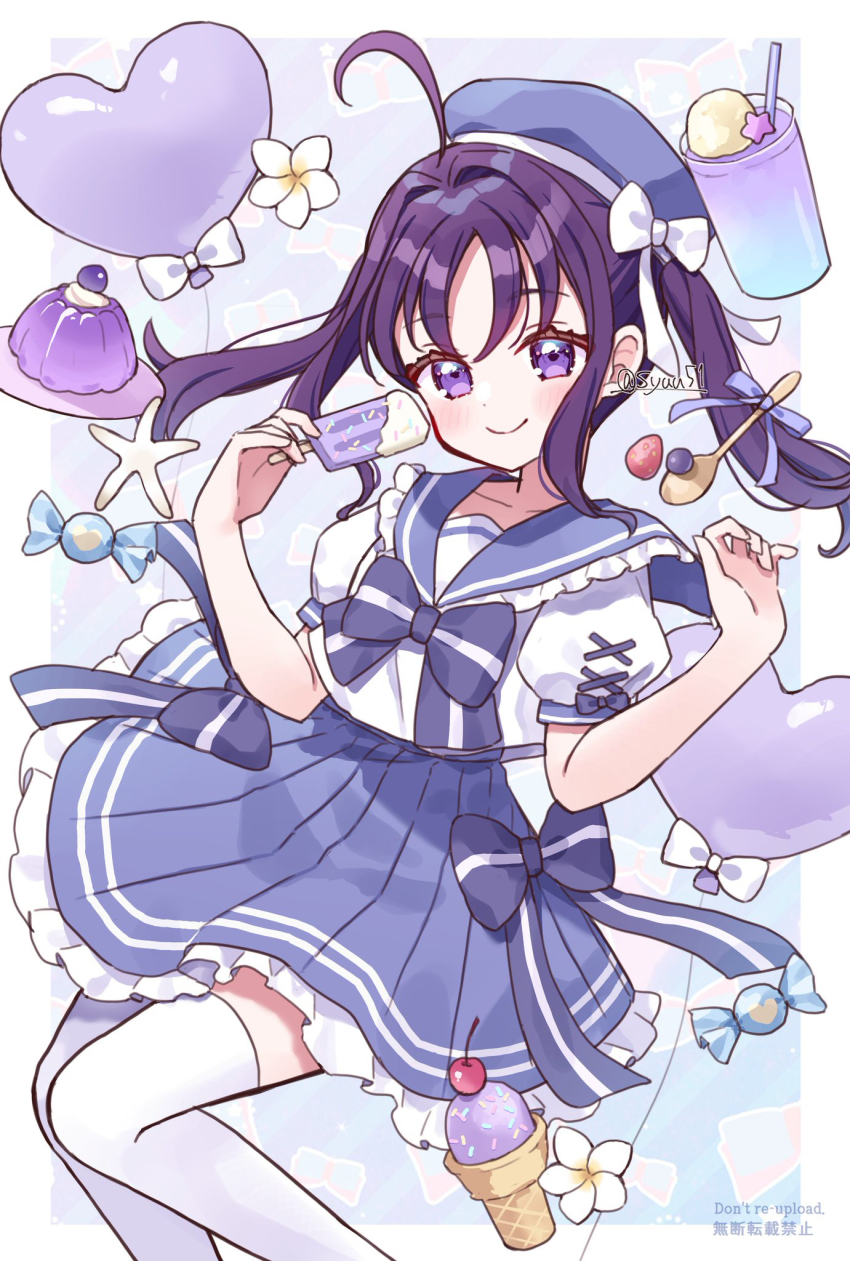 1girl ahoge balloon beret blue_background blue_hat blue_sailor_collar blue_skirt blush border bow candy feet_out_of_frame flower food hat heart_balloon highres hiiragi_syuu holding holding_food holding_popsicle ice_cream_cone kimi_to_idol_precure looking_at_viewer plate pleated_skirt popsicle precure pudding puffy_short_sleeves puffy_sleeves purple_eyes purple_hair sailor_collar shigure_kokoro shirt short_sleeves simple_background skirt smile solo spoon starfish striped_bow twintails watermark white_border white_bow white_flower white_shirt wrapped_candy